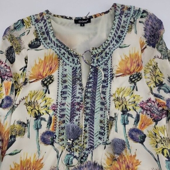 Tolani Floral Boho Tunic Top Womens Size Small Tassel Tie V Neck Sheer India - Picture 6 of 12
